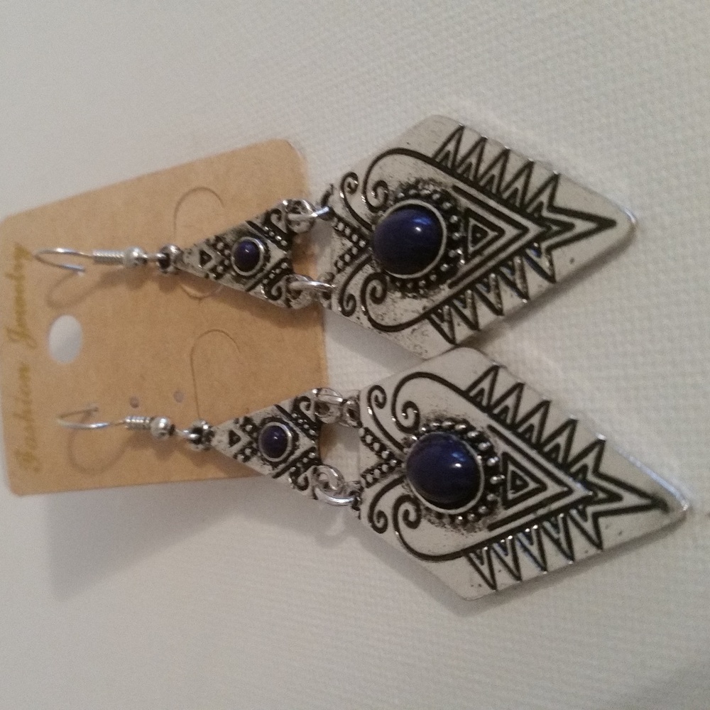Silver-tone Dangling Earrings W/ Tribal Designs